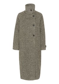 Cappotto in lana a motivo houndstooth grigio e beige, con colletto alto, tre bottoni e maniche a tre quarti.