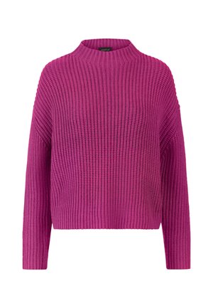 Maglione lavorato a maglia fucsia con collo alto, texture a coste e maniche lunghe. Design corto con vestibilità ampia e senza dettagli hardware visibili.