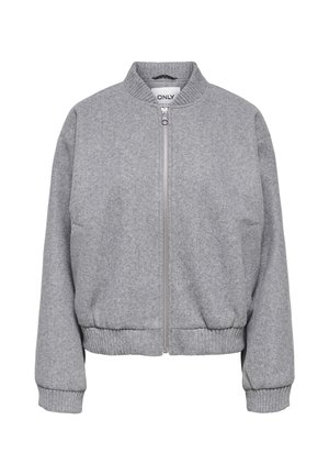 Veste bomber grise en matière douce, dotée d'une fermeture éclair à l'avant, d'un col, de poignets et d'un ourlet côtelés, avec des poches latérales. Design simple et pratique.