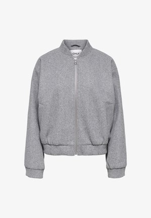 Grå bomberjakke laget av mykt materiale, med glidelås foran, ribbestrikket krage, mansjetter og nederkant, samt sidelommer. Enkel og praktisk design.