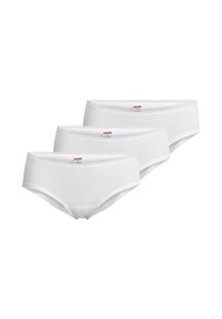 Tre paia di mutande in cotone bianco con un bordo in pizzo attorno all'elastico. Il tessuto appare liscio ed elastico. Etichetta visibile all'interno.