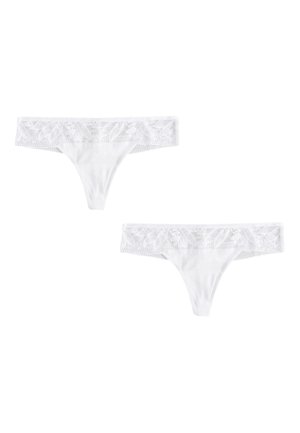 Deux tangas blancs pour femmes avec bordure en dentelle et motifs floraux sur la ceinture, présentés sur fond blanc.
