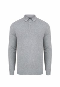 Szara, długorękawowa koszulka polo z materiału prążkowanego. Posiada kołnierzyk, zapięcie na trzy guziki oraz prążkowane mankiety i dół. Prosty design, bez wzorów.