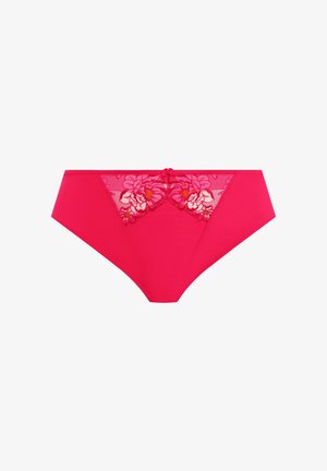 Roze slip met bloemenborduursel op doorschijnend mesh aan de voorkant, met een gladde, effen achterkant en een klein strikje in het midden van de achterkant.