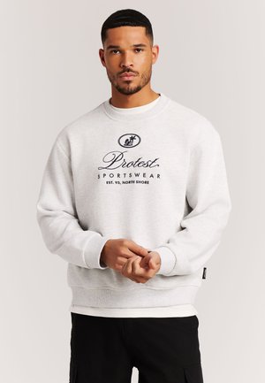 Gray sweatshirt made of soft fabric featuring a round neckline, long sleeves, and embroidered "Protest Sportswear" logo on the chest.