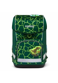 Grüner ergonomischer Rucksack mit einem geometrischen Muster, ausgestattet mit einem Dinosaurier-Abzeichen, Reißverschlüssen und reflektierenden Akzenten. Langlebiges Material und strukturierte Bauweise.