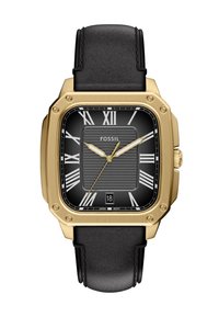 Montre carrée dorée avec bracelet en cuir noir, affichant un cadran noir, des chiffres romains et un affichage de la date à la position de 6 heures.