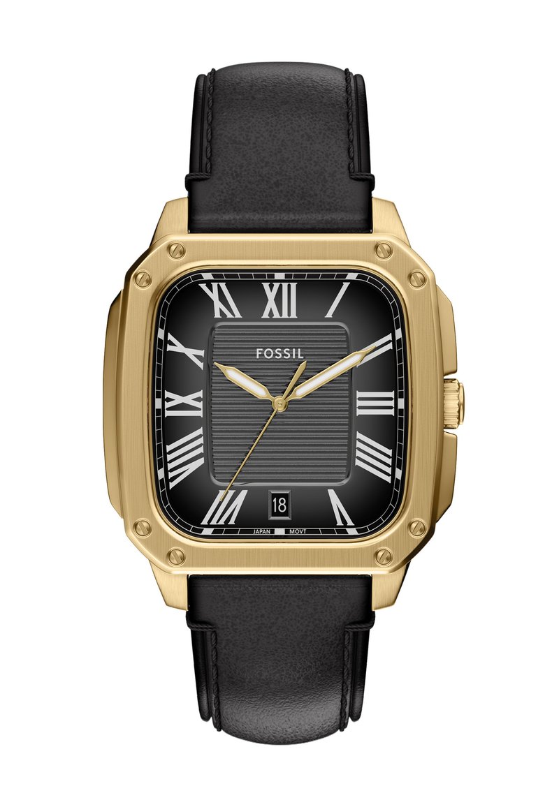 Montre carrée dorée avec bracelet en cuir noir, affichant un cadran noir, des chiffres romains et un affichage de la date à la position de 6 heures.