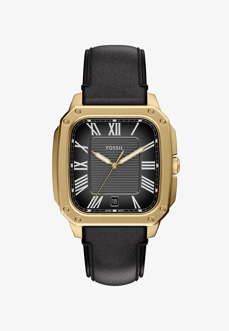 Montre carrée dorée avec bracelet en cuir noir, affichant un cadran noir, des chiffres romains et un affichage de la date à la position de 6 heures.
