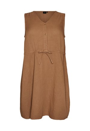 Varrukateta helepruun põlvpikkune kleit V-kaelusega, ees kolmega nupuga ja vöökoha paelaga.