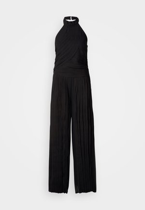 Schwarzer Jumpsuit mit Halterneck, plissierter Textur und weitem Bein. Hergestellt aus leichtem Material, ideal für formelle Anlässe.
