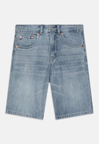 Svetlomodré denim šortky s rovný strihom, piatimi vreckami, medenými nitmi a vyblednutou textúrou. Obsahujú zips a zapínanie na gombík.
