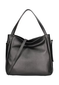 Schwarze Handtasche aus strukturiertem Leder mit zwei Riemen: einem kurzen Schulterriemen und einem langen Umhängeriemen, ohne sichtbare Verzierungen oder Logos.