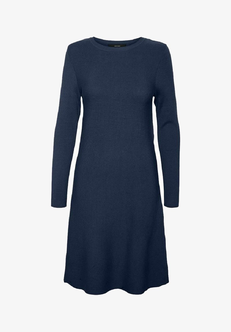 Robe tricotée bleu marine à manches longues, col rond et ourlet légèrement évasé.
