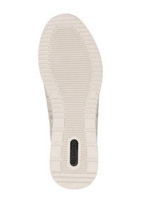 Sål af en sneaker i off-white gummi med et struktureret mønster, prydet med et sort emblem og ribbet kontakt for greb.