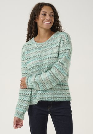 Lichtblauwe en groene gestreepte gebreide trui met een gestructureerde afwerking, ronde halslijn en geribde manchetten, gecombineerd met donkere jeans.
