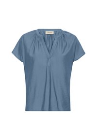 Blouse bleue à manches courtes avec un décolleté en V, un détail froncé aux épaules et une texture lisse légèrement brillante.