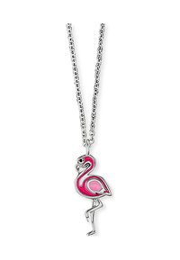 Sølv kæderekæde med en pink flamingo vedhæng med sort og hvide detaljer, udsmykkede fjer og en hævet stående stilling.