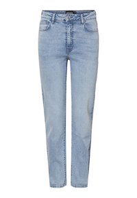 Light blue high-waist denim jeans with front pockets, belt loops, button closure, and tapered legs.