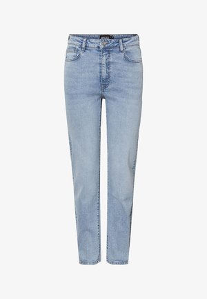 Hele sinist värvi kõrge vöökohaga teksapüksid esitaskutega, vööaugud, nööpkinnitusega ja kitsenevate säärtega.