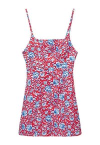 Rode bloemen camisole met een blauw bloemenpatroon, voorzien van dunne bandjes, een getailleerde pasvorm en een uitlopende zoom. Gemaakt van lichtgewicht stof.