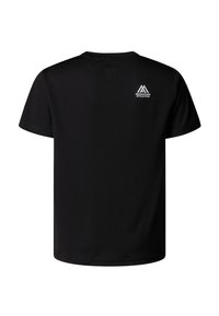 Black short-sleeve t-shirt with a small white "Mountain Athletics" logo near the upper back right shoulder.