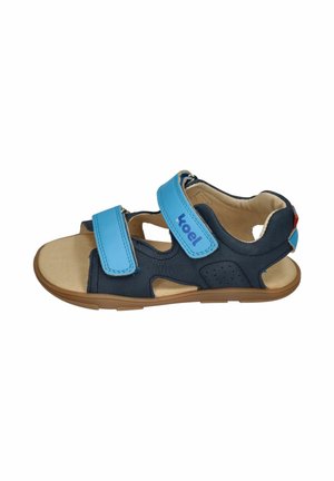Children’s navy and light blue open-toe sandal with two adjustable Velcro straps and a brown rubber sole, side view.