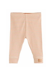Beige baby leggings with thin horizontal rust stripes and a small "little pumpkin" label near the bottom cuff on the right leg.