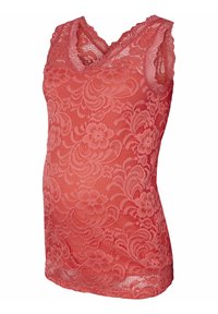 Korálový krajkový top s véčkovým výstřihem, zdobený květinovými vzory a propracovanými detaily na ramenou a lemu. Měkká, průhledná textura.