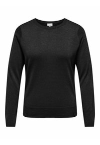 Maglione nero realizzato in tessuto strutturato, con scollo rotondo e maniche lunghe, caratterizzato da un sottile effetto lucente su tutta la superficie. Nessun abbellimento visibile.