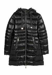 Czarna kurtka puchowa o błyszczącej powierzchni, z kapturem, przednim zamkiem błyskawicznym i dwoma kieszeniami bocznymi na zamek. Wzór pikowany z pudełkowym krojem.