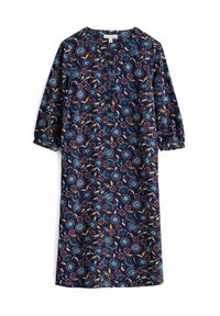 Vestido con estampado floral sobre fondo marino. Cuenta con mangas tres cuartos, un escote redondo y un corte relajado. Los patrones incluyen flores en azul, rojo y amarillo.