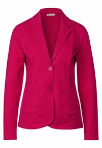 Blazer fuchsia en mélange de coton, avec col cranté, fermeture à un bouton, deux poches avant et une coupe ajustée.