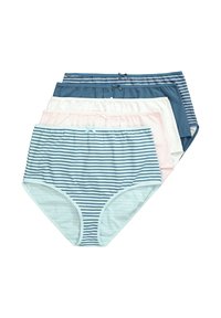 Sada pěti dámských bavlněných kalhotek s vysokým pasem v různých jednobarevných a proužkovaných pastelových barvách s malými mašličkami na pasu.