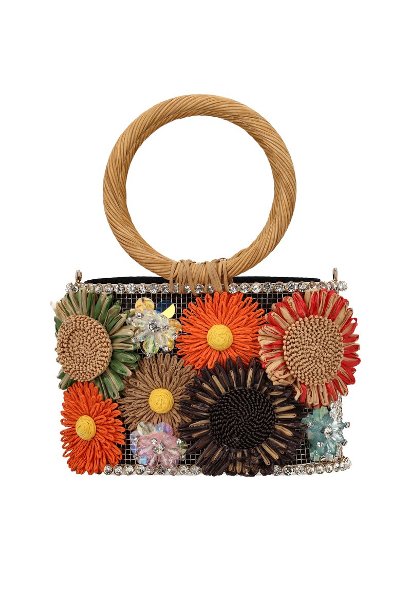 Geflochtene Handtasche mit rundem Strohriff, verziert mit bunten Blumenapplikationen in Orange, Gelb, Braun und Schwarz sowie Strassdetails.