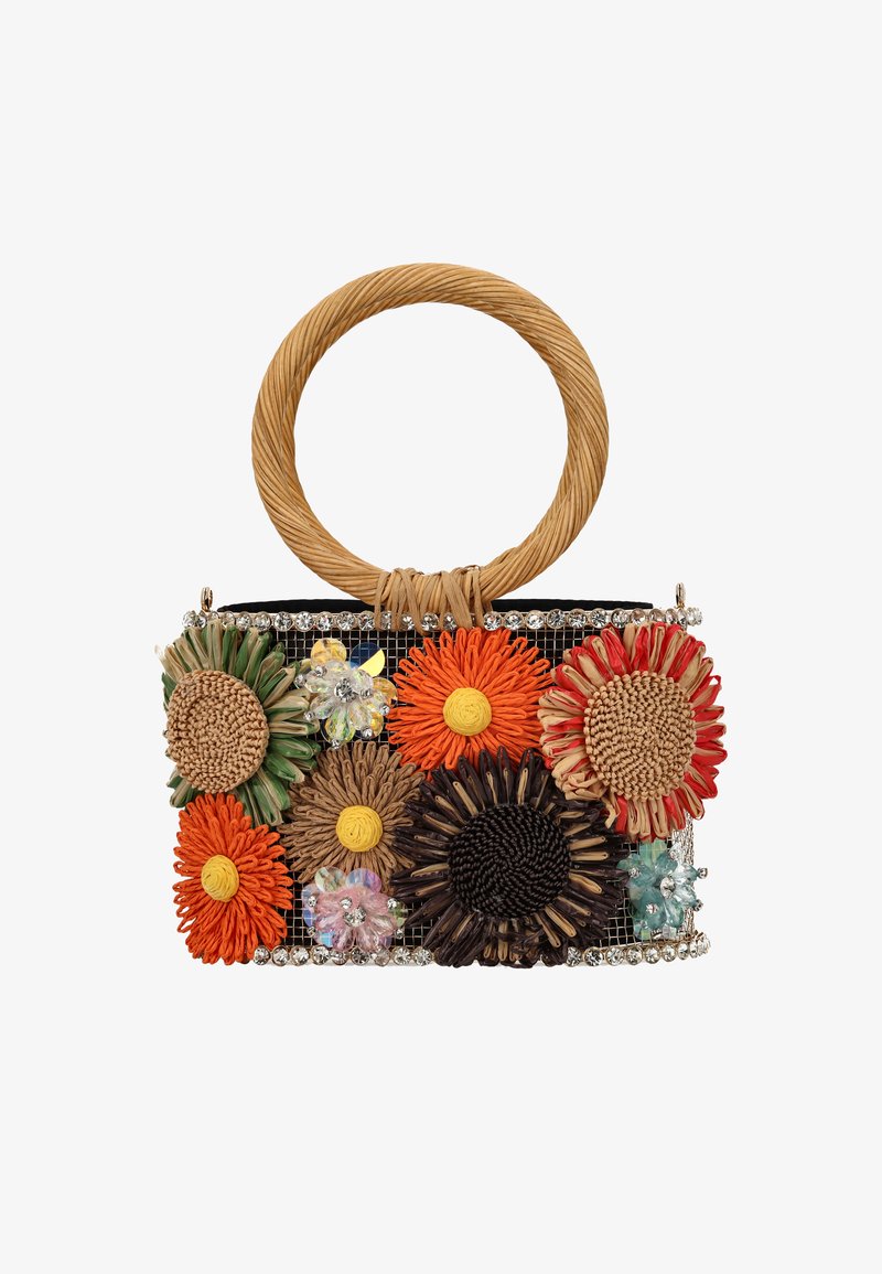 Geflochtene Handtasche mit rundem Strohriff, verziert mit bunten Blumenapplikationen in Orange, Gelb, Braun und Schwarz sowie Strassdetails.