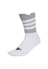 White athletic sock with a gray and white ribbed cuff, featuring three horizontal gray stripes, textured body, and a black logo near the toe.