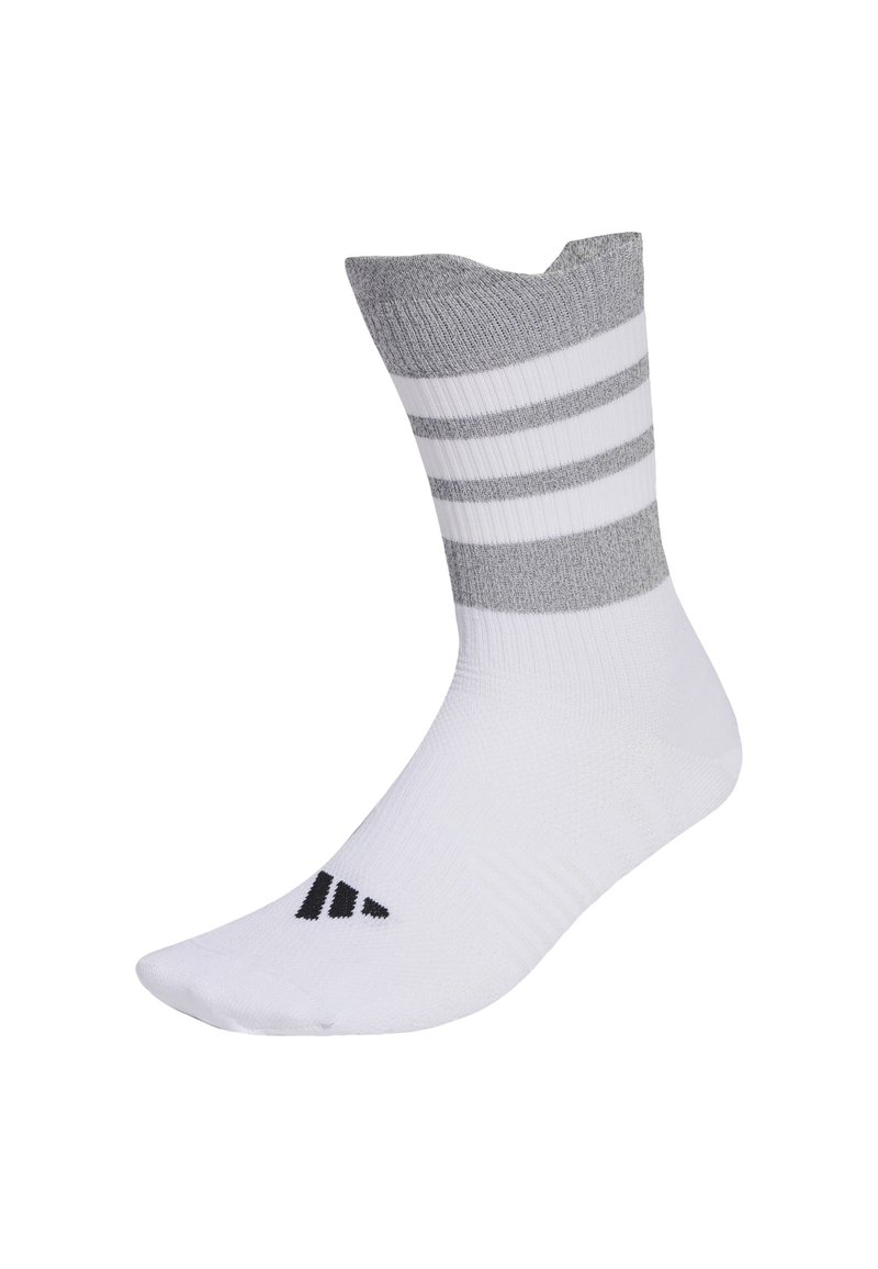 White athletic sock with a gray and white ribbed cuff, featuring three horizontal gray stripes, textured body, and a black logo near the toe.