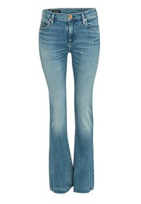 Jasnoniebieskie dżinsy w kroju bootcut. Posiadają lekkie przetarcia, pięć kieszeni, zapięcie na guzik oraz postrzępione krawędzie u dołu.