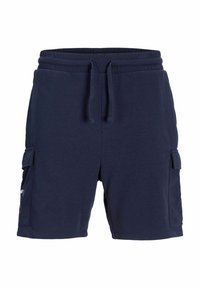 Marineblaue Cargo-Shorts aus weichem Stoff, mit einem elastischen Bund und Kordelzügen sowie Seitentaschen. Schlichtes Design ohne Muster.