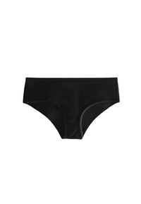 Slip bikini nero realizzato in un tessuto liscio e elastico. Taglio classico con copertura moderata e vita elastica. Nessun motivo o decorazione.