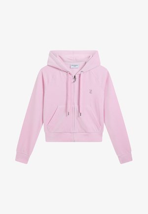 Lichtroze hoodie met rits, capuchon, voorzakken, trekkoorden en een klein geborduurd logo op de linkerborst.