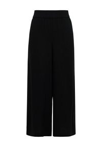 Pantaloni neri a gambe larghe con una vita elastica, realizzati in un tessuto morbido e traspirante; presentano un design ampio e fluido.