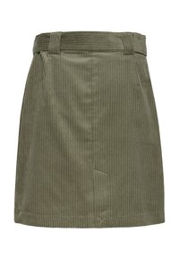 Olivgrön kord kjol med midjeband och bälteshällor, rak skärning och subtilt vertikalt ribbmönster. Minimalistisk design.
