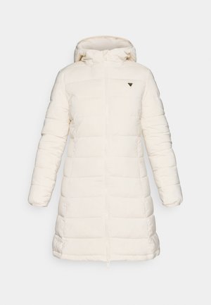 White puffer coat with a hood, featuring a zip front, quilted design, long sleeves, and a small logo on the chest. Soft, smooth texture.