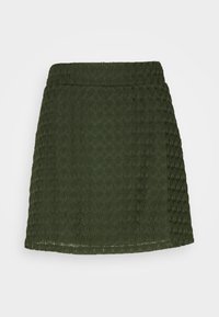Falda verde texturizada con un patrón hexagonal, que presenta un corte recto y una cinturilla. El material tiene una superficie ligeramente elevada.