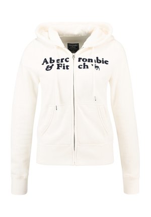 Sweat à capuche blanc zippé avec poches avant, capuche et texte bleu marine "Abercrombie & Fitch" avec logo sur la poitrine.