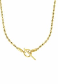 Guldvriden kedjehalsband med en lås i form av en toggle och en cirkulär accent, kännetecknad av en mjuk textur och en enhetlig glans.