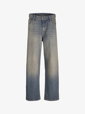 Jean en denim bleu clair avec une coupe ample à jambes larges, présentant un dégradé fané du foncé au clair et un style classique à cinq poches.