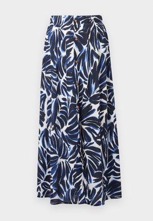 Maxiseelik elastse vöökohaga, esiküljel puidust nööpidega ning sinise ja musta troopiliste lehtedega valgel kangal.